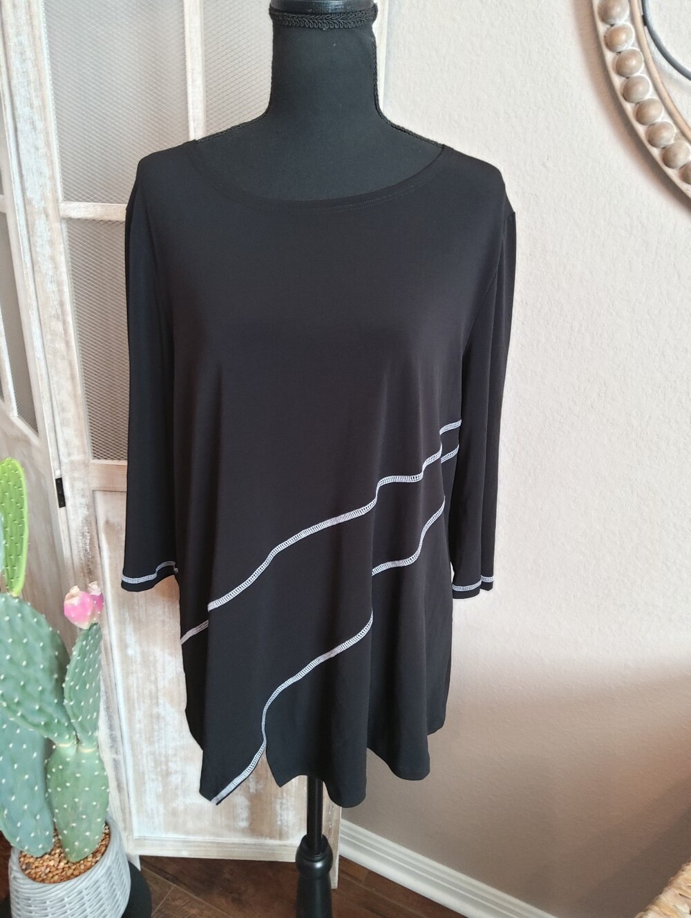 Clara Sun Woo Women's Black Asymmetric Tunic with Contrast Stitching Detail